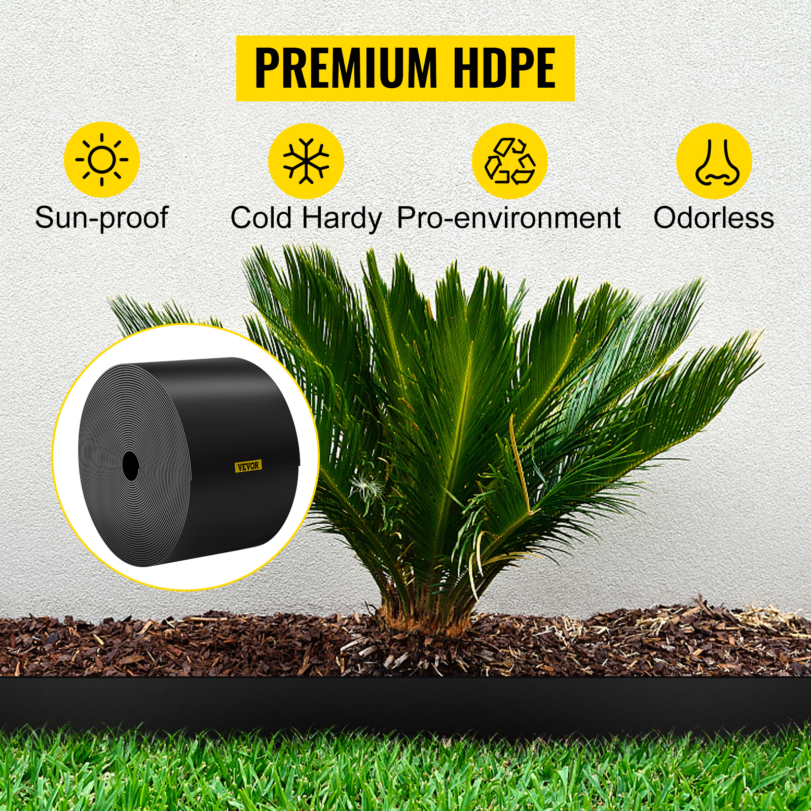 VEVOR landscape edging highlighting premium hdpe, sun-proof, cold hardy, pro-environment, and odorless.