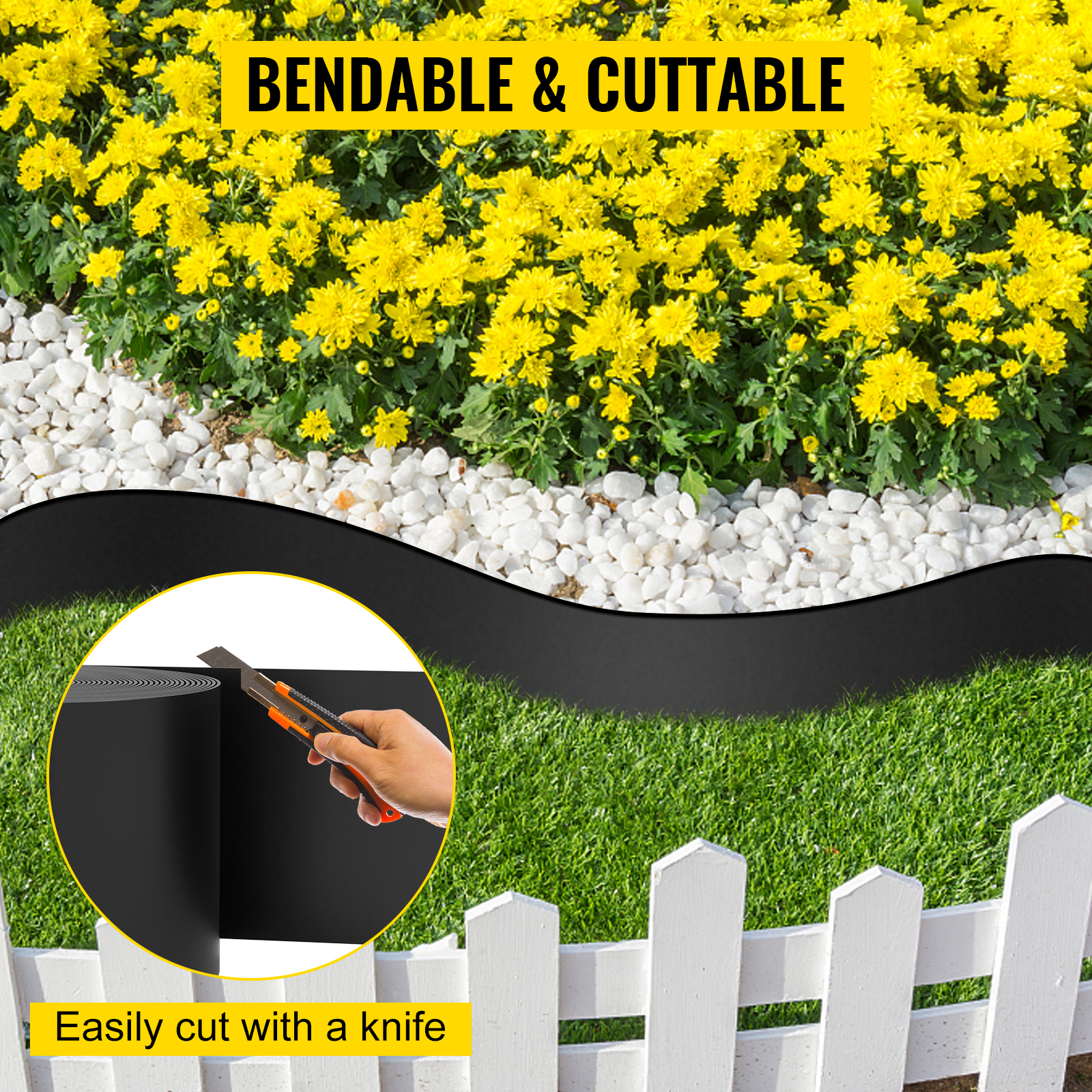 bendable and cuttable VEVOR landscape edging separates a garden with yellow flowers and white rocks from a grass lawn.
