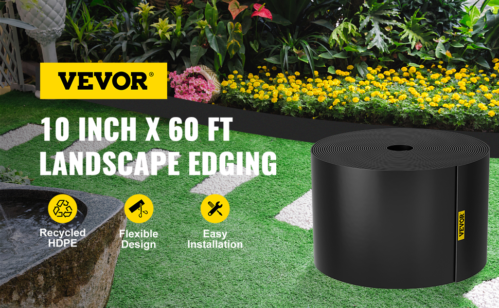 VEVOR landscape edging roll, 10 inch x 60 ft, displayed in a lush garden with vibrant flowers.