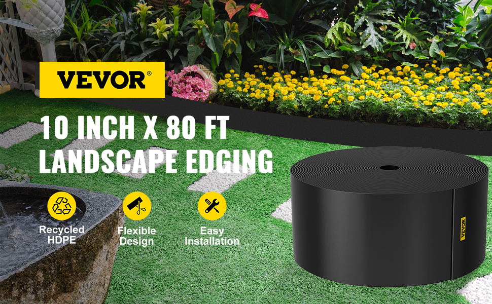 VEVOR landscape edging, 10 inch x 80 ft roll beside decorative garden with yellow flowers and bushes.