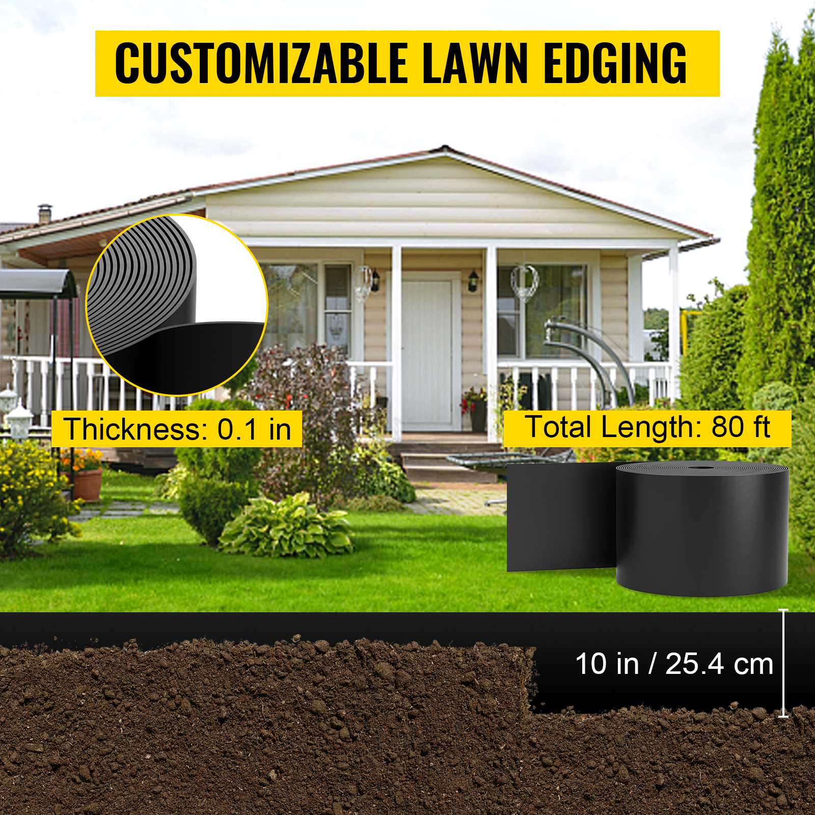 customizable VEVOR landscape edging in front of a house, 0.1 in thick, 80 ft long, 10 in deep.