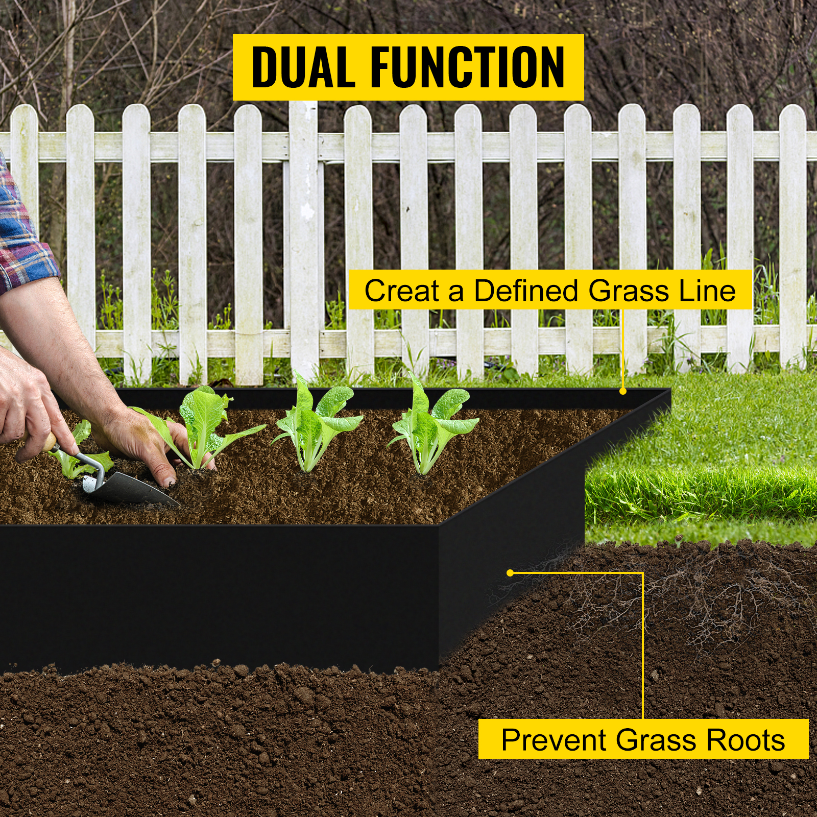 VEVOR landscape edging creating a defined grass line and preventing grass roots near a white picket fence.