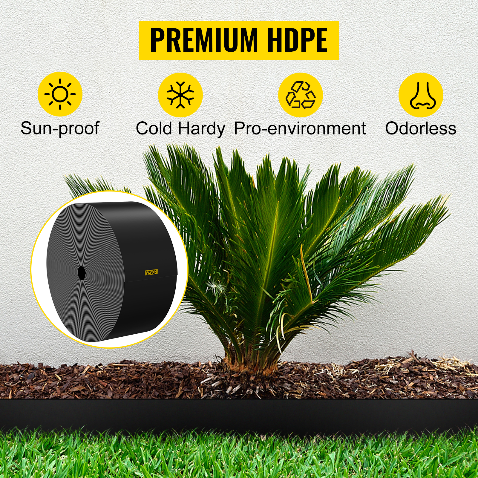 VEVOR landscape edging around a palm plant with a hedge and icons indicating sun-proof, cold hardy, and odorless features.