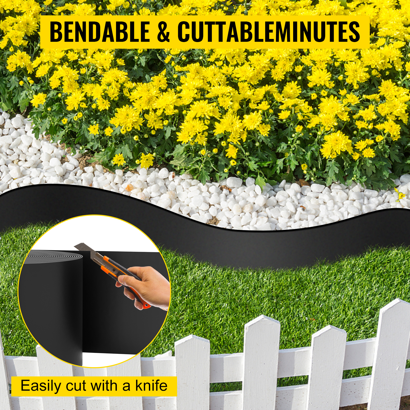 VEVOR landscape edging outlining a flower bed with yellow flowers, white rocks, and green grass.