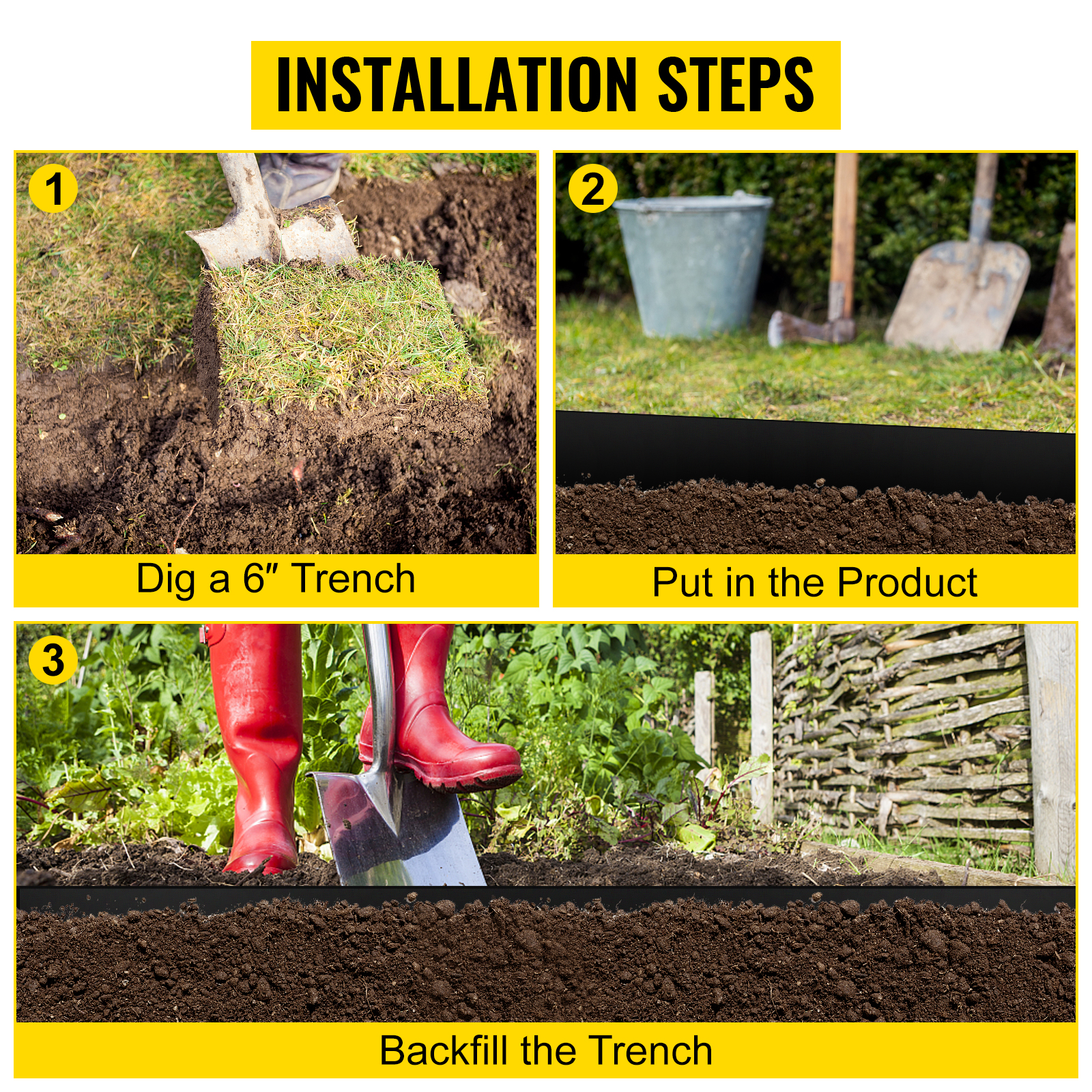VEVOR landscape edging installation steps: dig trench, insert edging, backfill with soil.