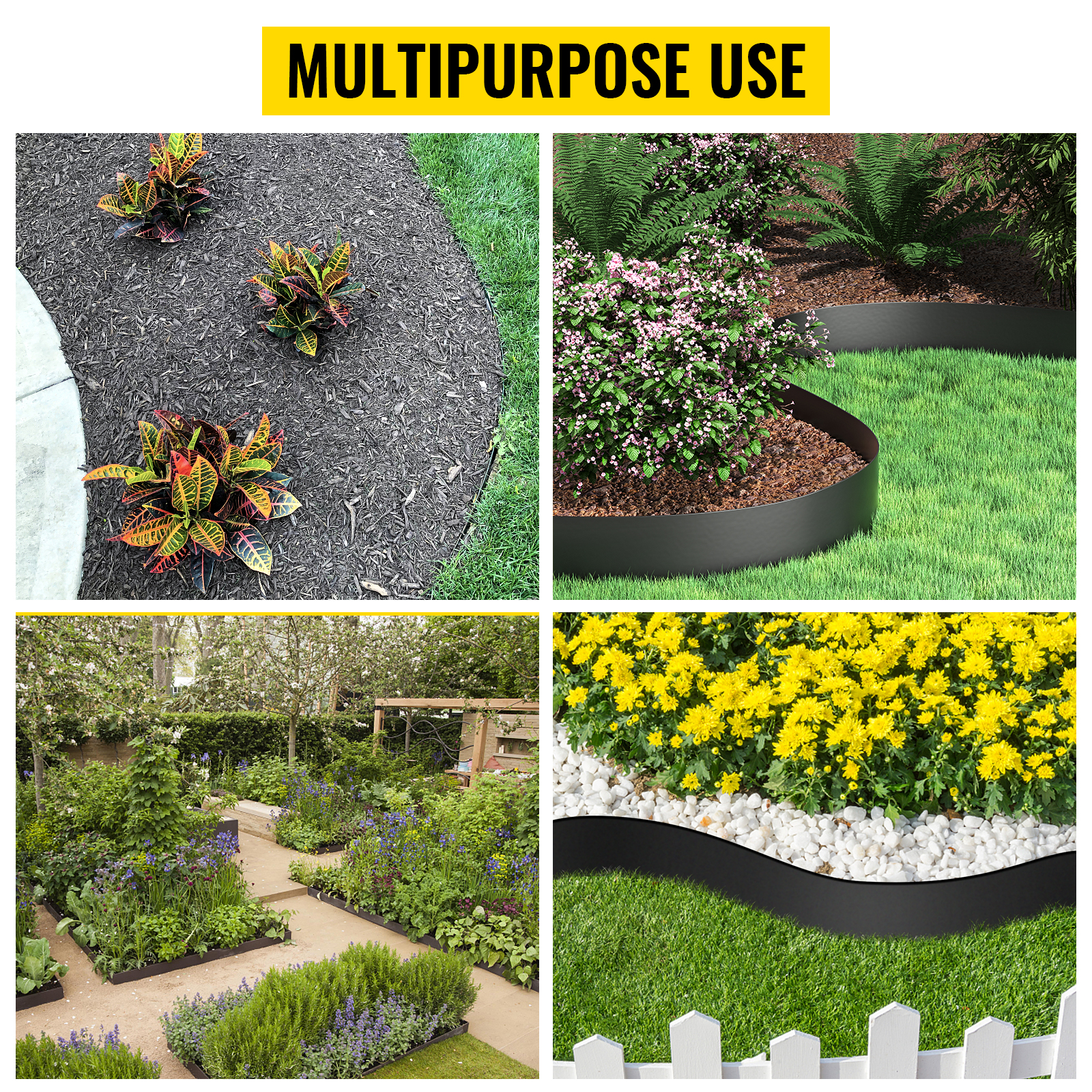 multipurpose garden layout with VEVOR landscape edging separating plants and pathways.