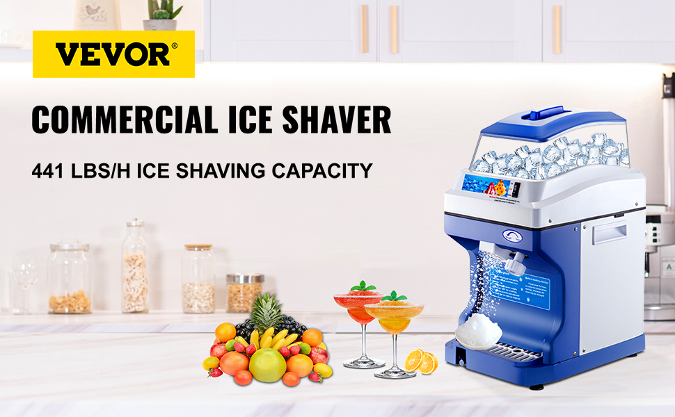 VEVOR ice shaver crusher with 441 lbs/h ice shaving capacity on a kitchen counter.