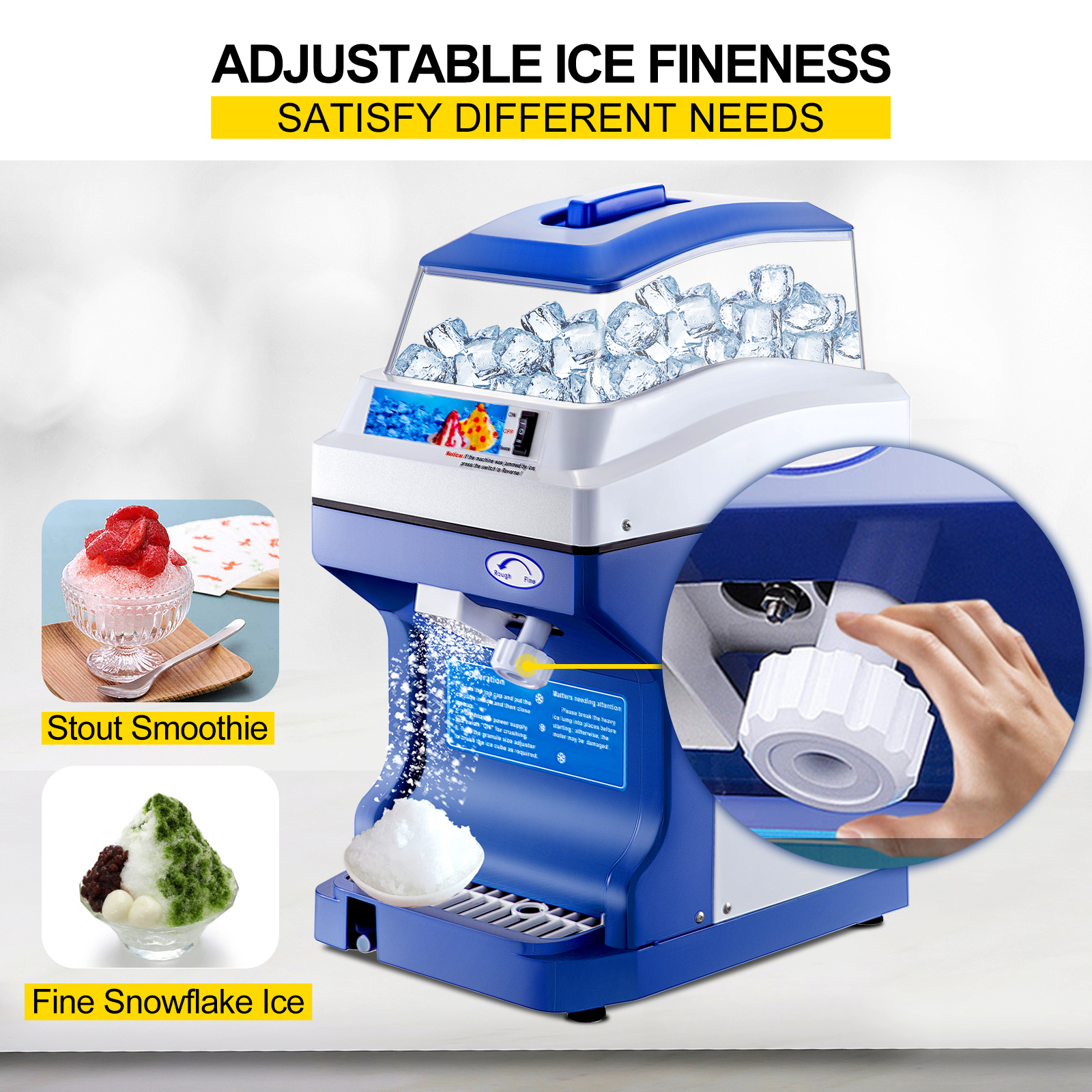 VEVOR ice shaver crusher producing smoothie and snowflake ice with adjustable fineness.