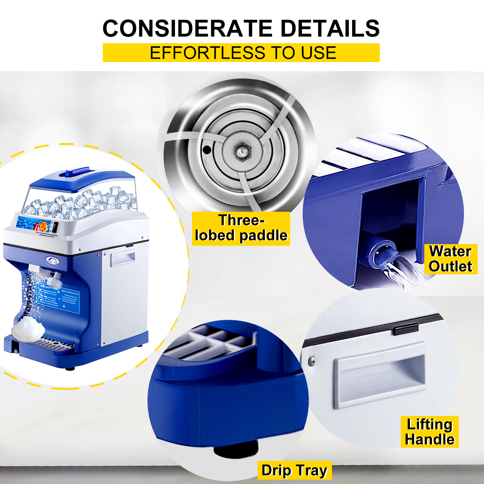 VEVOR ice shaver crusher with three-lobed paddle, water outlet, drip tray, lifting handle.