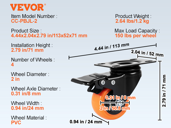 VEVOR caster wheels - model cc-pbjl-2, 2-inch pvc wheels, 150 lbs load, accessories included.