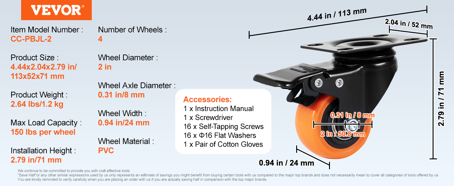 VEVOR caster wheels - model cc-pbjl-2, 2-inch pvc wheels, 150 lbs load, accessories included.
