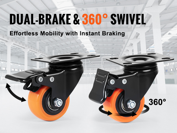 VEVOR caster wheels featuring dual-brake and 360° swivel for effortless mobility and instant braking.