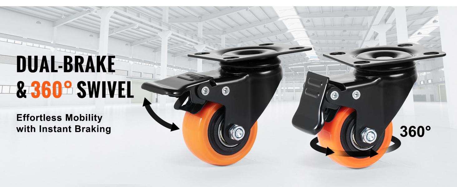 VEVOR caster wheels featuring dual-brake and 360° swivel for effortless mobility and instant braking.