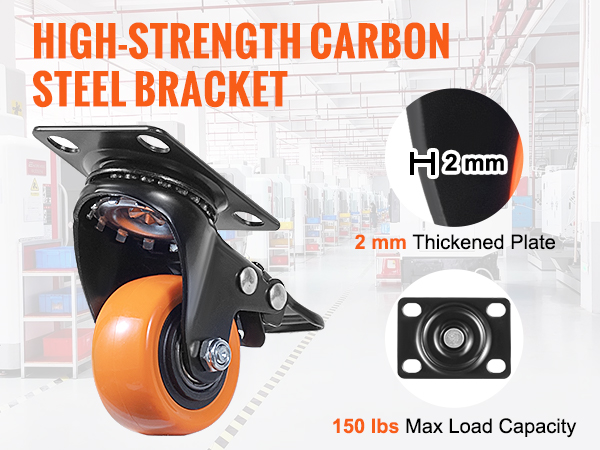 VEVOR caster wheels with high-strength carbon steel bracket, 2mm thick plate, 150 lbs load capacity.