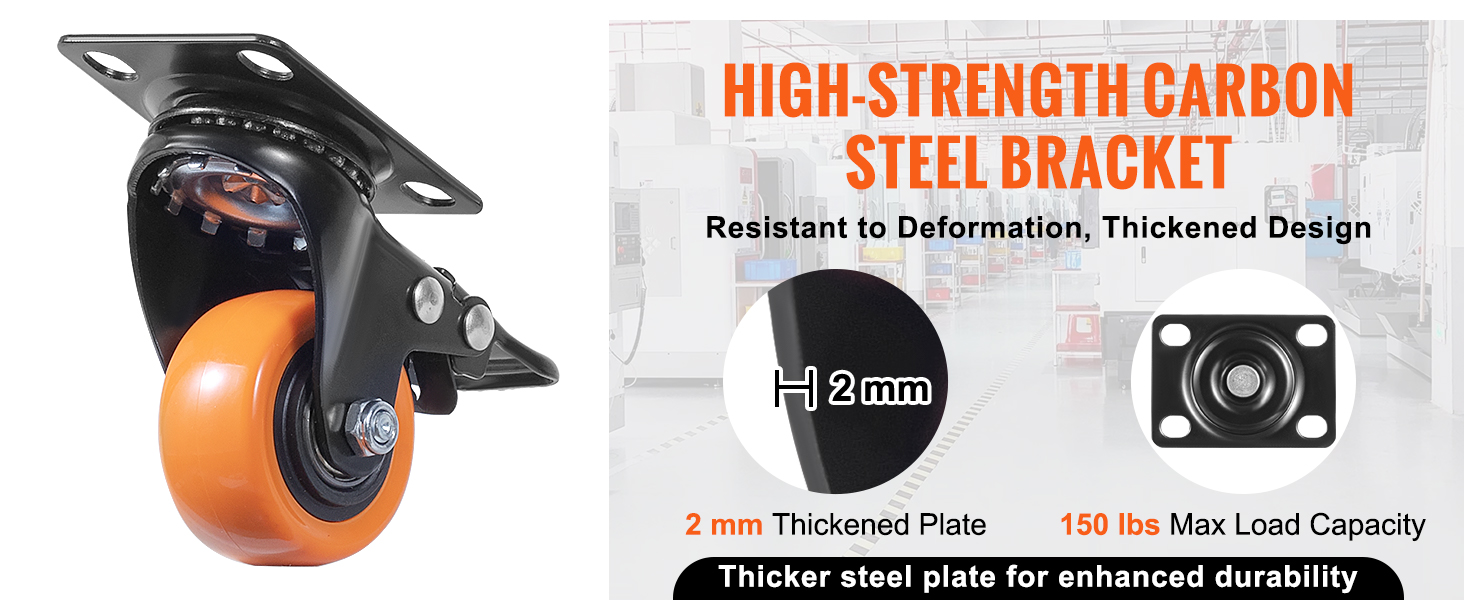 VEVOR caster wheels with high-strength carbon steel bracket, 2mm thick plate, 150 lbs load capacity.