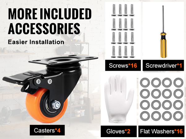 VEVOR caster wheels with accessories for easier installation, including gloves, washers, screws, and screwdriver.