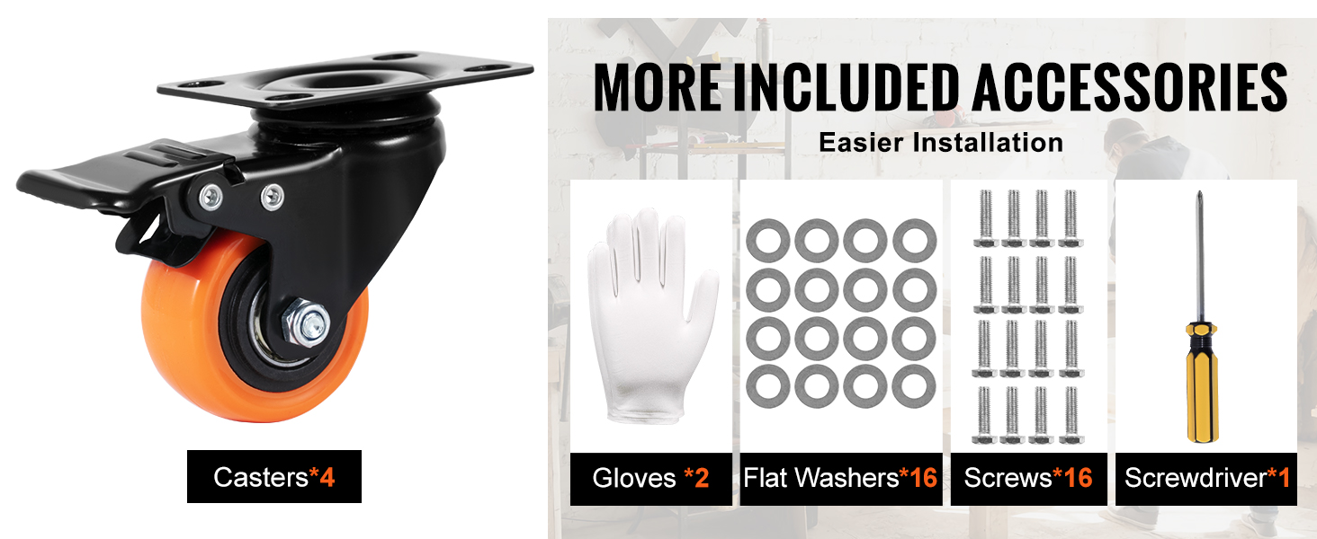 VEVOR caster wheels with accessories for easier installation, including gloves, washers, screws, and screwdriver.