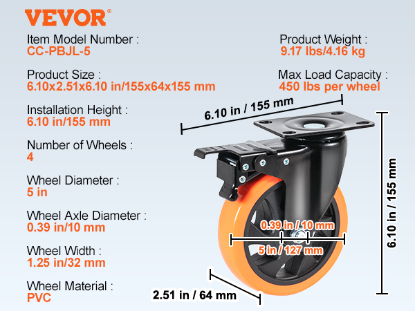 VEVOR caster wheels, model cc-pbjl-5, 5-inch diameter, 450 lbs load capacity, pvc material, set of 4.