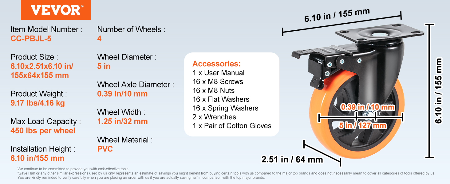 VEVOR caster wheels, model cc-pbjl-5, 5-inch diameter, 450 lbs load capacity, pvc material, set of 4.