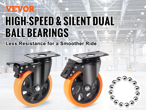 VEVOR caster wheels with high-speed silent dual ball bearings for smooth performance in a warehouse.