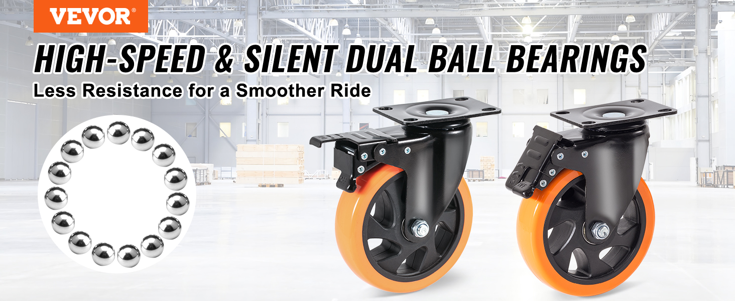 VEVOR caster wheels with high-speed silent dual ball bearings for smooth performance in a warehouse.