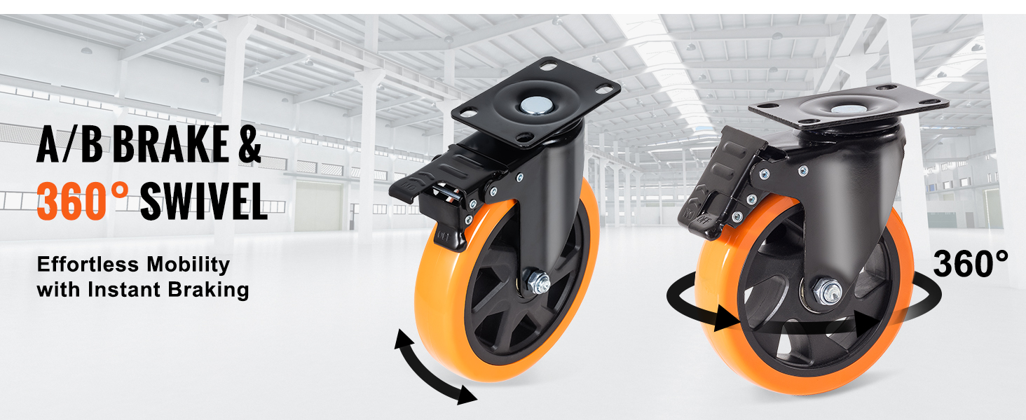 VEVOR caster wheels with a/b brake and 360° swivel for effortless mobility and instant braking.