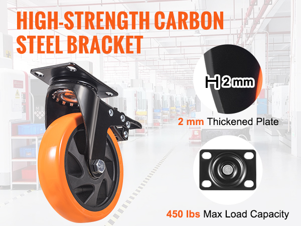 VEVOR caster wheels: high-strength carbon steel bracket, 2mm thickened plate, 450 lbs max load capacity.