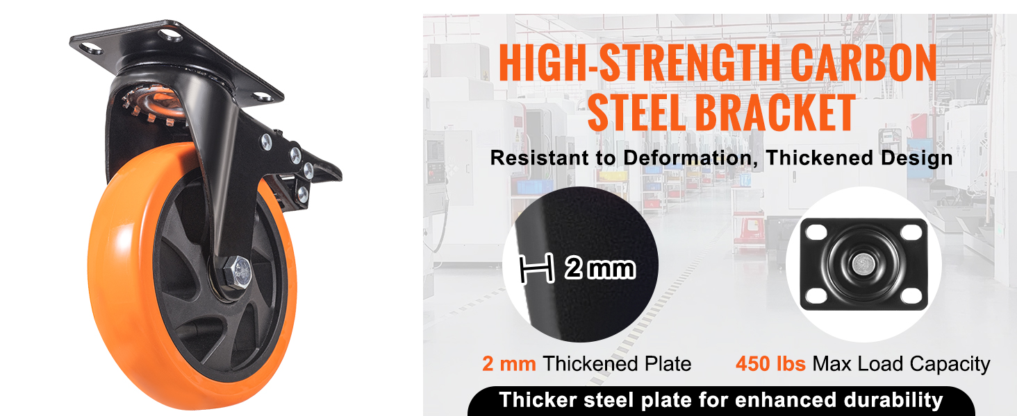 VEVOR caster wheels: high-strength carbon steel bracket, 2mm thickened plate, 450 lbs max load capacity.