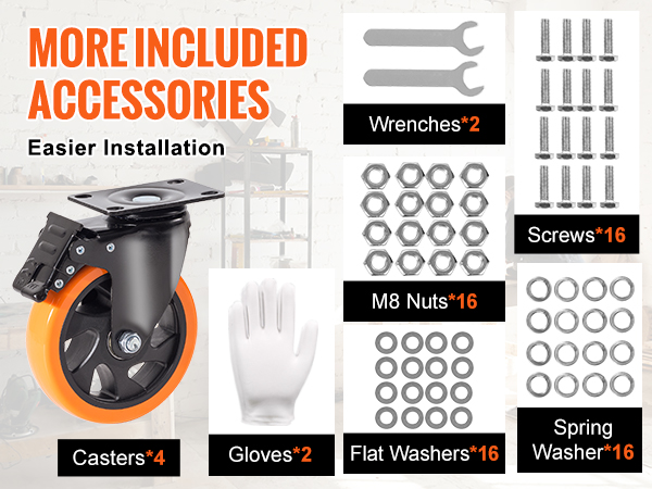 VEVOR caster wheels kit with casters, gloves, m8 nuts, screws, flat washers, wrenches, and spring washers.