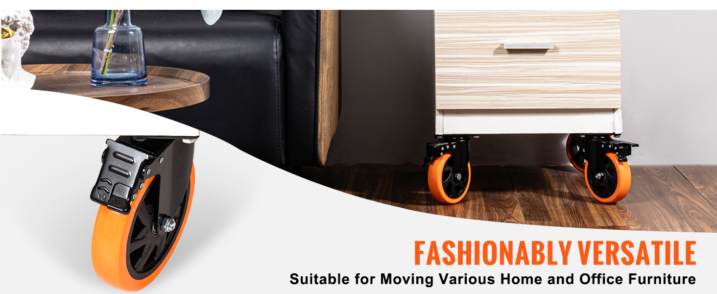 furniture with VEVOR caster wheels for easy mobility, featuring stylish orange and black design.
