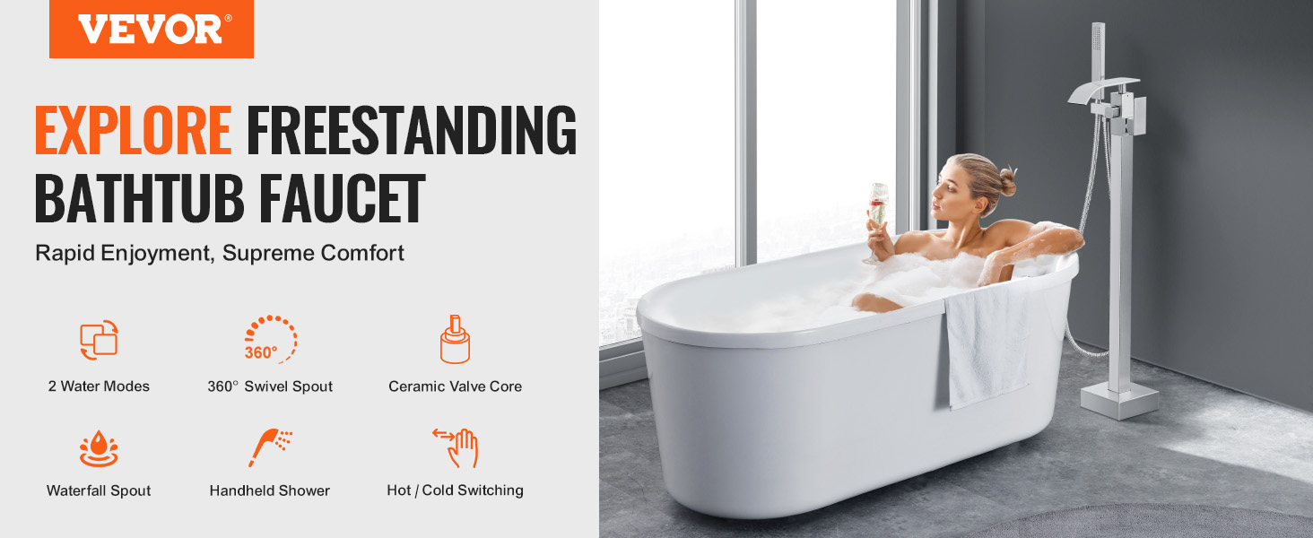 VEVOR freestanding bathtub faucet offers 2 water modes, 360° swivel, and handheld shower for luxury.