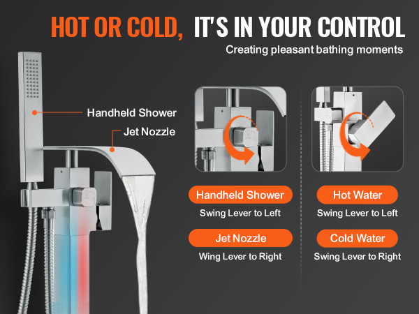 VEVOR freestanding bathtub faucet with handheld shower and hot/cold water adjustable jet nozzle.