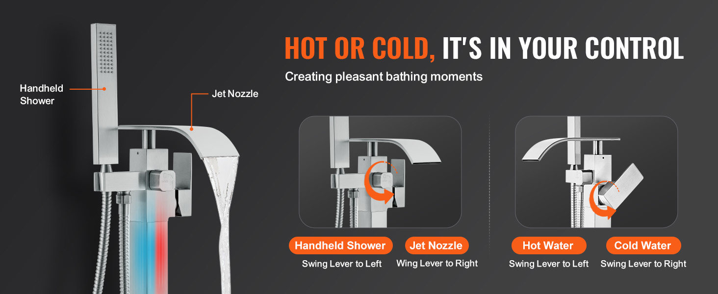 VEVOR freestanding bathtub faucet with handheld shower and hot/cold water adjustable jet nozzle.