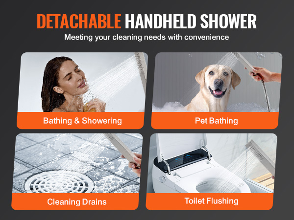 detachable handheld shower for bathing, pet bathing, cleaning drains, toilet flushing. VEVOR freestanding bathtub faucet.