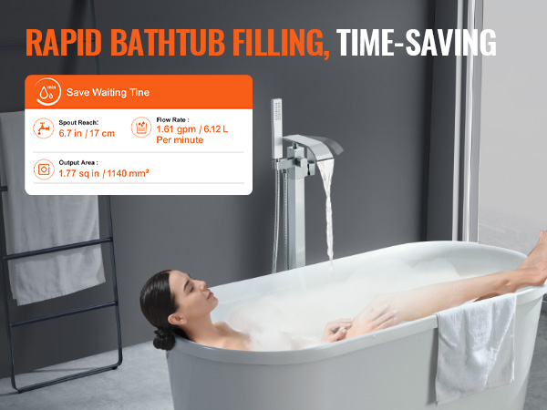 VEVOR freestanding bathtub faucet showcasing rapid bathtub filling, time-saving benefits, and dimensions.