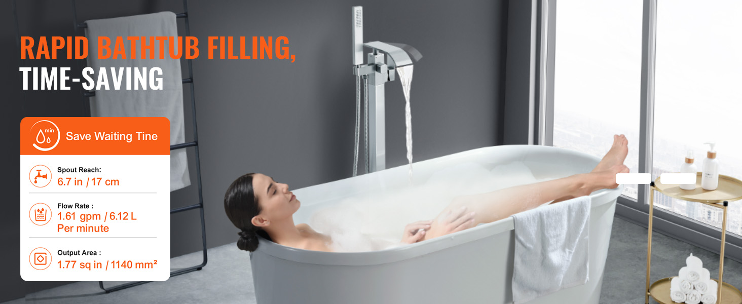 VEVOR freestanding bathtub faucet showcasing rapid bathtub filling, time-saving benefits, and dimensions.