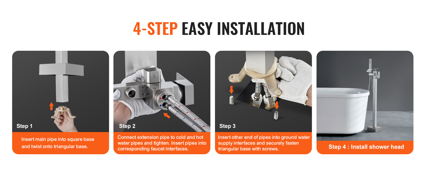 4-step guide for easy VEVOR freestanding bathtub faucet installation detailed in images and instructions.