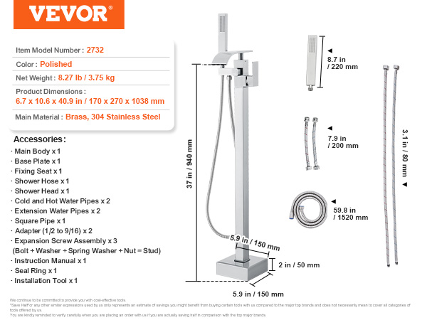 VEVOR freestanding bathtub faucet, polished brass and stainless steel, with accessories and dimensions.