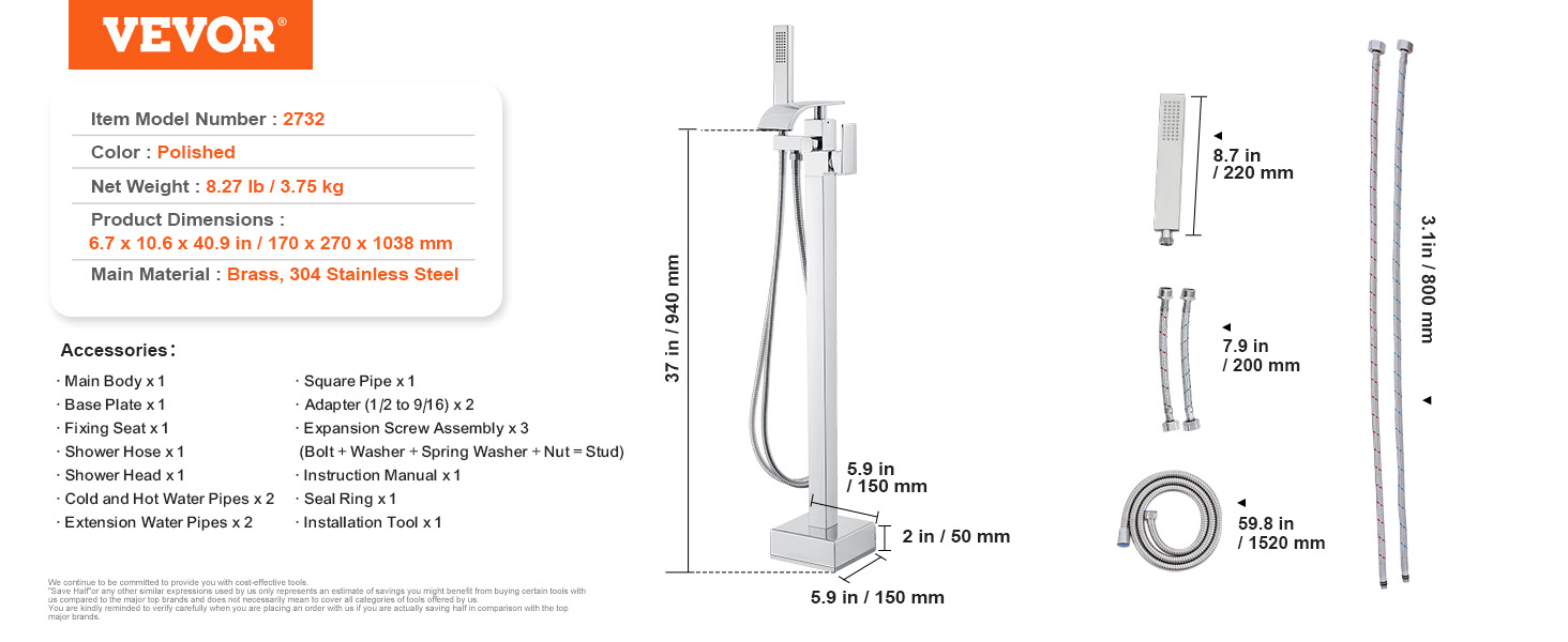 VEVOR freestanding bathtub faucet, polished brass and stainless steel, with accessories and dimensions.