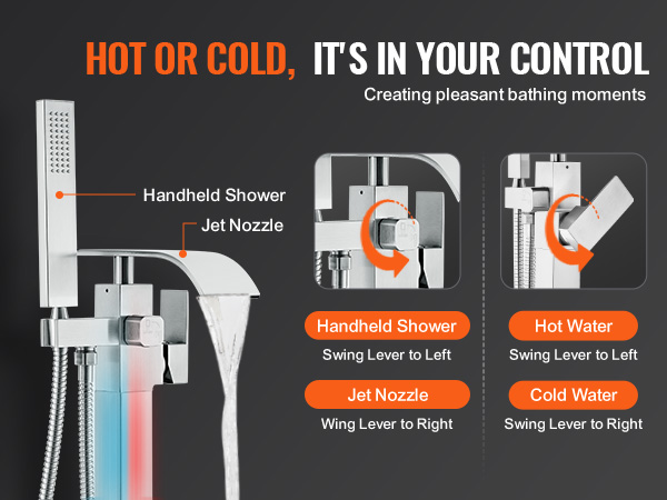 VEVOR freestanding bathtub faucet with handheld shower and jet nozzle for hot and cold water control.