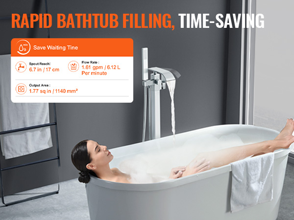 VEVOR freestanding bathtub faucet in use, rapid bathtub filling in a modern bathroom setting.