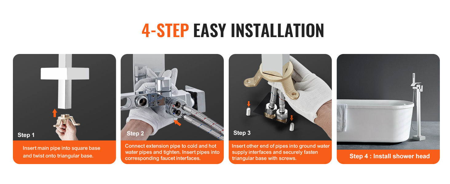 4-step easy installation for VEVOR freestanding bathtub faucet with detailed instructions and images.