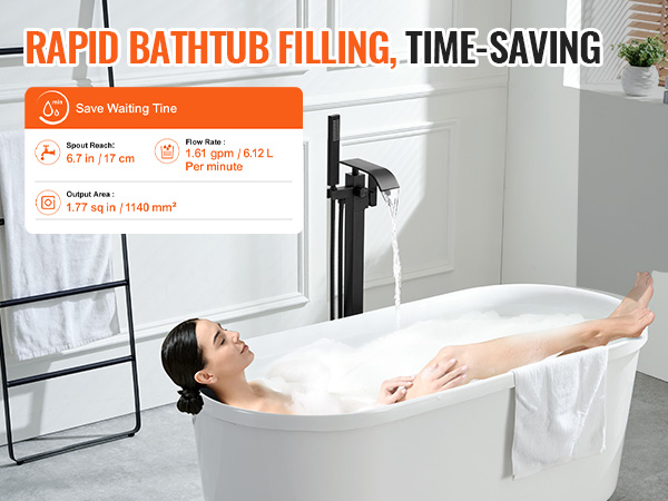 VEVOR freestanding bathtub faucet rapidly fills a white bathtub, featuring sleek black design and elegant finish.