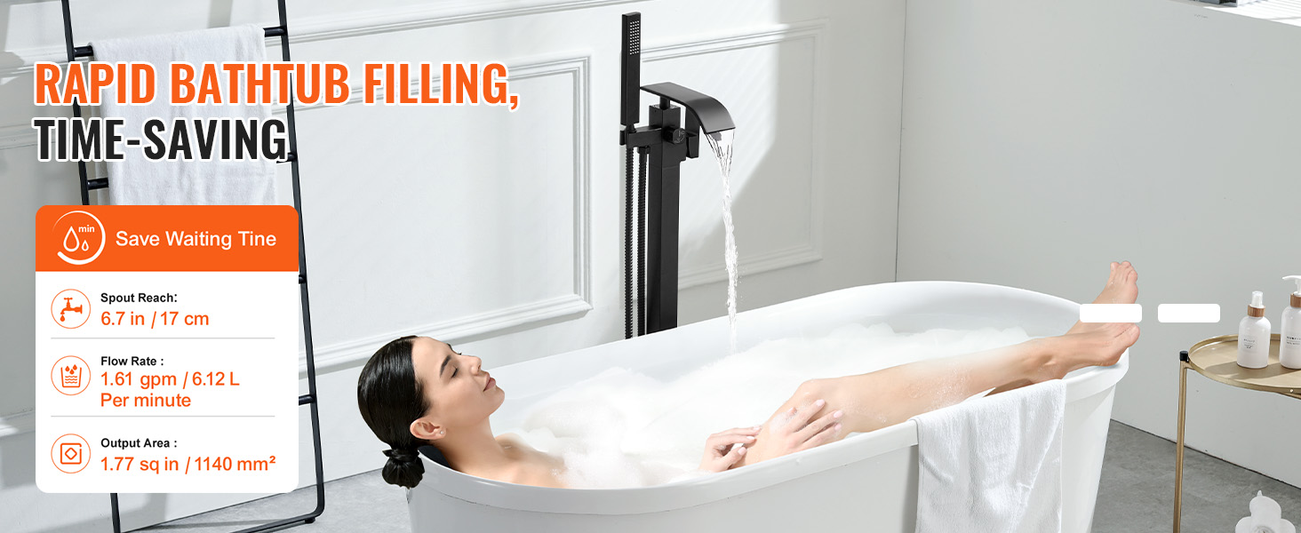 VEVOR freestanding bathtub faucet rapidly fills a white bathtub, featuring sleek black design and elegant finish.