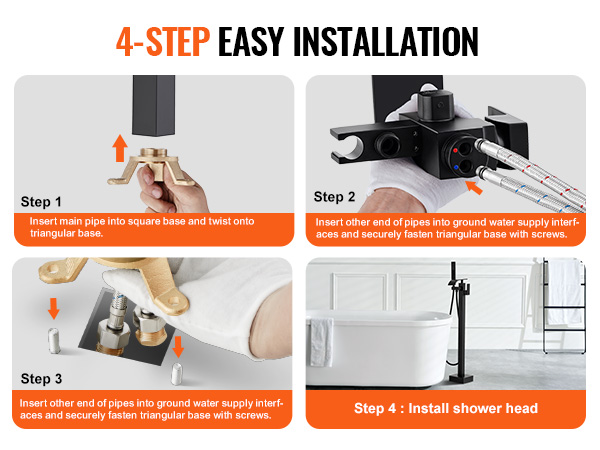 4-step easy installation guide for VEVOR freestanding bathtub faucet, final step showing installed faucet.