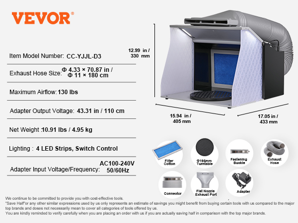 VEVOR airbrush spray booth features exhaust hose, led strips, filter cotton, and flat nozzle exhaust port.