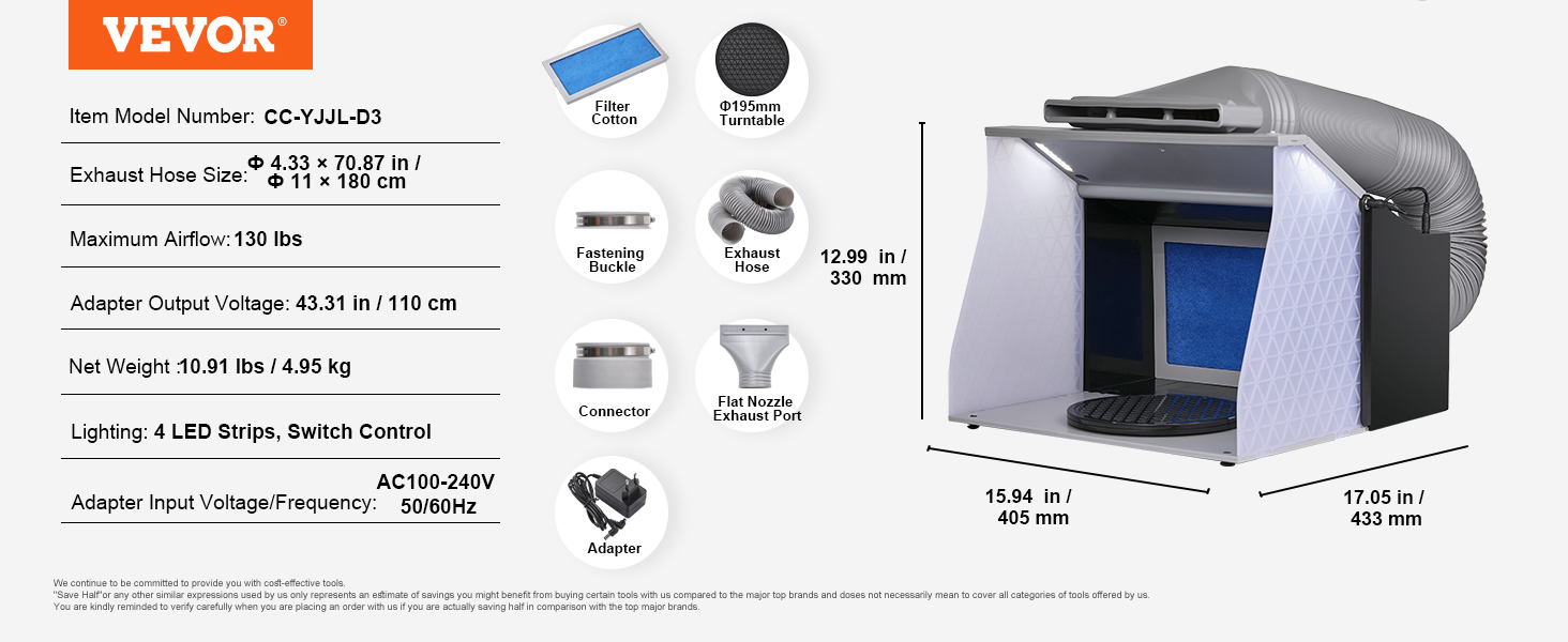 VEVOR airbrush spray booth features exhaust hose, led strips, filter cotton, and flat nozzle exhaust port.