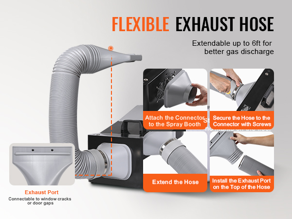 flexible exhaust hose for VEVOR airbrush spray booth, extendable to 6ft with attachable exhaust port.