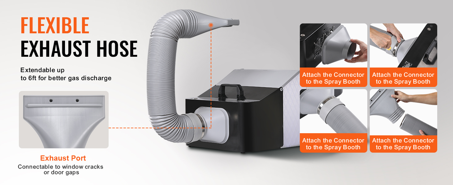 flexible exhaust hose for VEVOR airbrush spray booth, extendable to 6ft with attachable exhaust port.