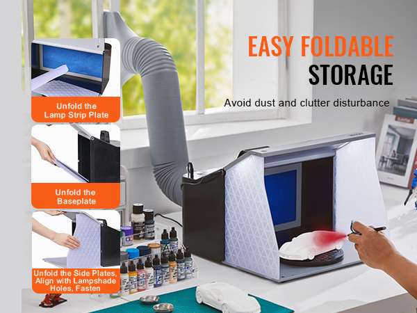 VEVOR airbrush spray booth with a foldable design for easy storage, shown in a clean, clutter-free workspace.